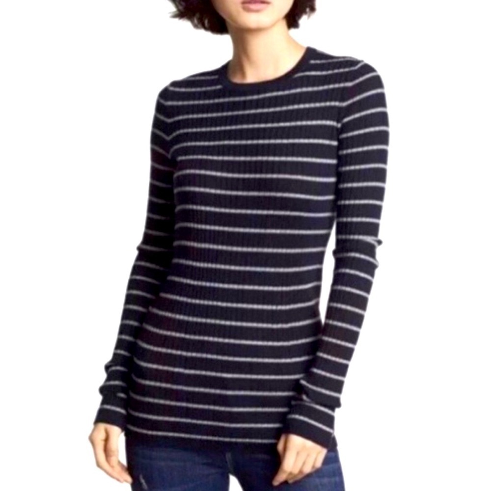 Vince Cashmere Blend Fitted Stretch Striped Sweater Long Sleeve Navy/ Grey SZ S